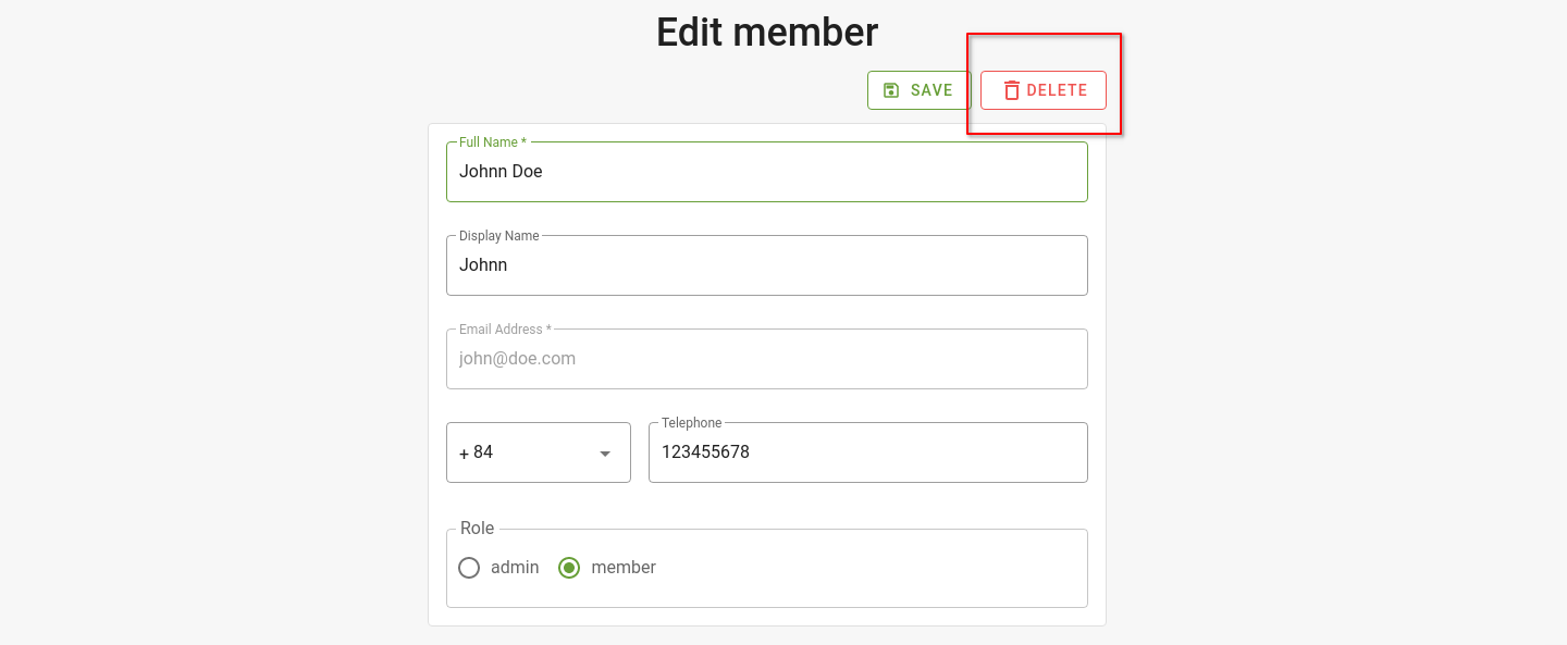 edit member page - delete button