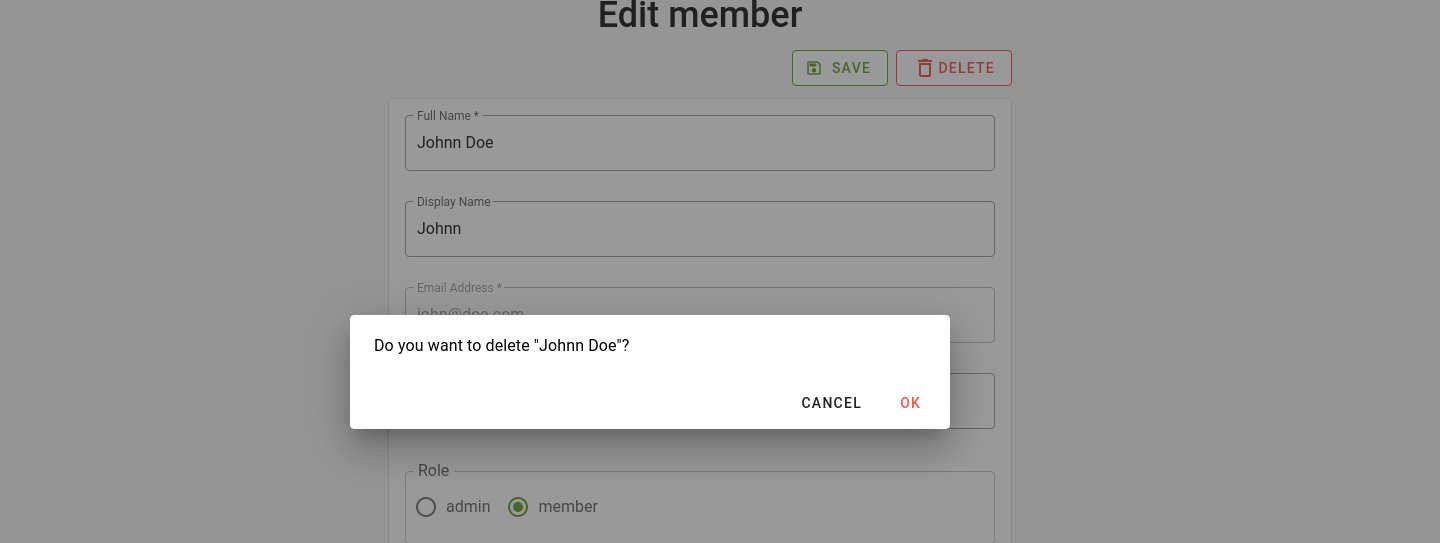 edit member page - delete confirmation